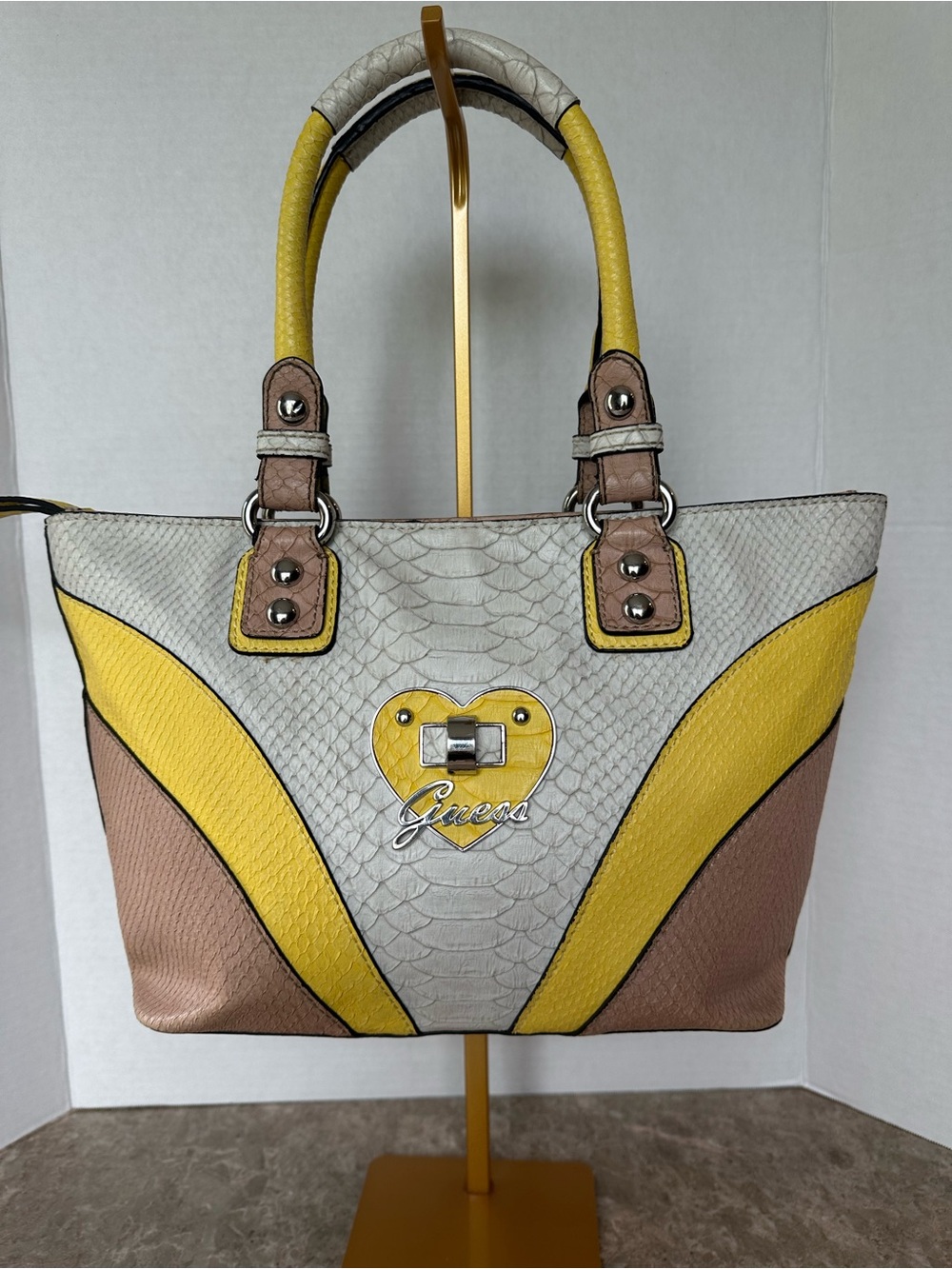 Vintage GUESS Y2K Heart Turn Lock Colorblock Tote Bag Faux Snakeskin McBling